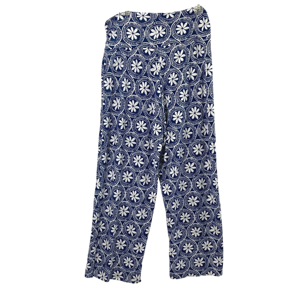 Mud Pie Palazzo Pants Womens Large Blue White Floral Knit Raw Hem Boho Resort